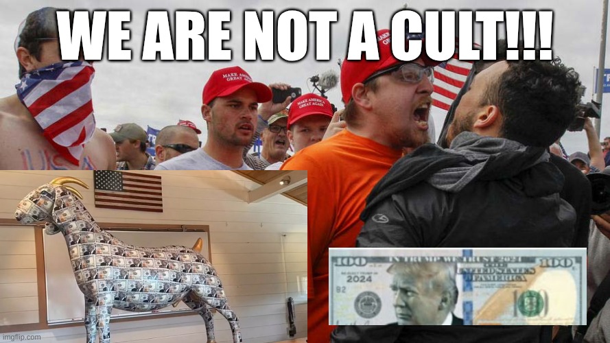 This isn't helping them with the accusations... | WE ARE NOT A CULT!!! | image tagged in angry red cap,maga,donald trump,cult,worship | made w/ Imgflip meme maker