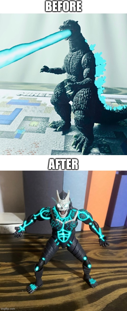 First edited image vs latest edited image (wow I’ve come a long way) | BEFORE; AFTER | image tagged in final wars godzilla,kaiju no 8 | made w/ Imgflip meme maker