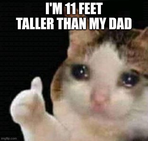 ? | I'M 11 FEET TALLER THAN MY DAD | image tagged in sad thumbs up cat,sad,dark humor | made w/ Imgflip meme maker