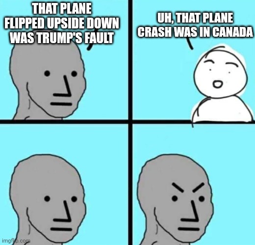 Angry npc wojak | THAT PLANE FLIPPED UPSIDE DOWN WAS TRUMP'S FAULT UH, THAT PLANE CRASH WAS IN CANADA | image tagged in angry npc wojak | made w/ Imgflip meme maker