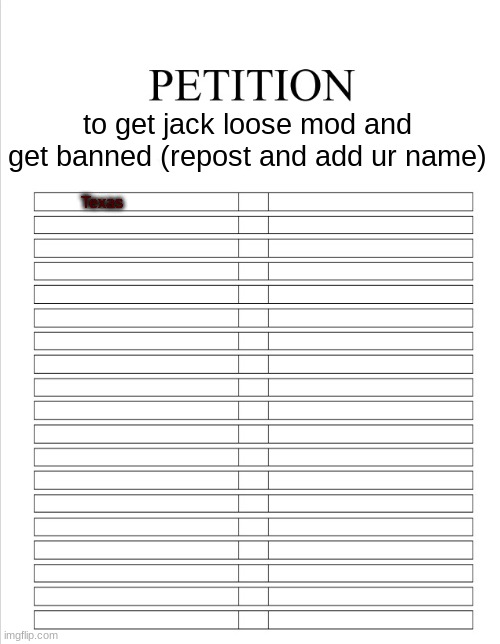 The Blank petition | to get jack loose mod and get banned (repost and add ur name); Texas | image tagged in the blank petition | made w/ Imgflip meme maker