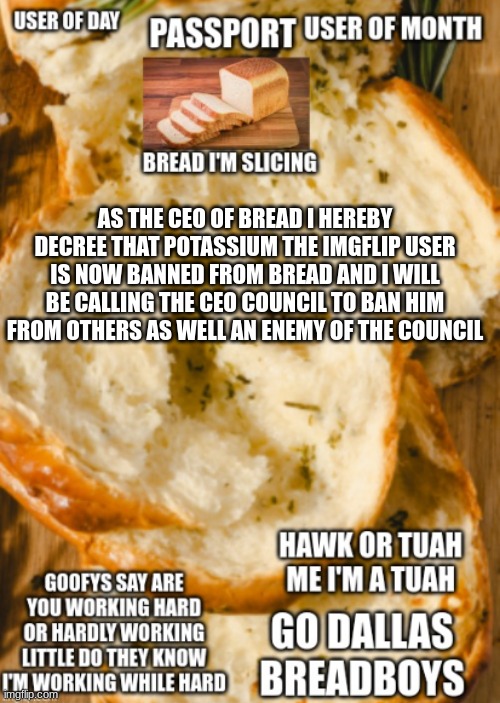 hawk bread ancoment | AS THE CEO OF BREAD I HEREBY DECREE THAT POTASSIUM THE IMGFLIP USER IS NOW BANNED FROM BREAD AND I WILL BE CALLING THE CEO COUNCIL TO BAN HIM FROM OTHERS AS WELL AN ENEMY OF THE COUNCIL | image tagged in hawk bread ancoment | made w/ Imgflip meme maker