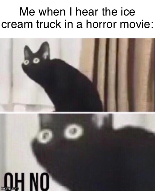 DON’T DO IT!!! IT’S A TRAP!!!! | Me when I hear the ice cream truck in a horror movie: | image tagged in oh no cat,horror movie,ice cream truck | made w/ Imgflip meme maker