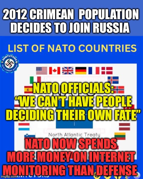 Not your Grandfathers NATO | 2012 CRIMEAN  POPULATION DECIDES TO JOIN RUSSIA; NATO OFFICIALS: “WE CAN’T HAVE PEOPLE DECIDING THEIR OWN FATE”; NATO NOW SPENDS MORE MONEY ON INTERNET MONITORING THAN DEFENSE | image tagged in gifs,nato,censorship,democracy | made w/ Imgflip meme maker