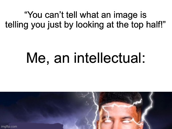 Idk I was out of ideas | “You can’t tell what an image is telling you just by looking at the top half!”; Me, an intellectual: | image tagged in memes,you should kill yourself now,smart | made w/ Imgflip meme maker