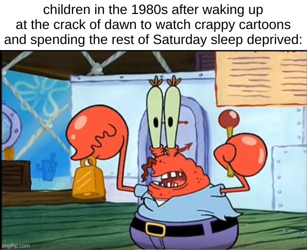 it was both great and hell at the same time | children in the 1980s after waking up at the crack of dawn to watch crappy cartoons and spending the rest of Saturday sleep deprived: | image tagged in mr krabbs sleep deprived | made w/ Imgflip meme maker