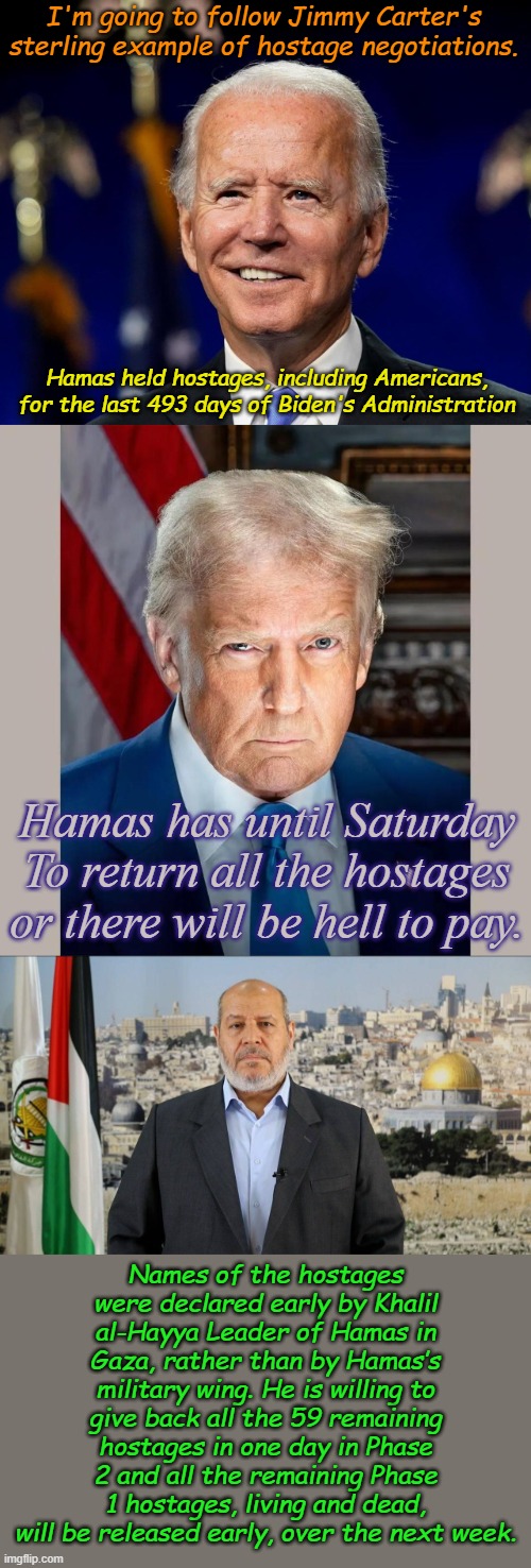 I'm going to follow Jimmy Carter's sterling example of hostage negotiations. Hamas held hostages, including Americans, for the last 493 days of Biden's Administration; Hamas has until Saturday To return all the hostages or there will be hell to pay. Names of the hostages were declared early by Khalil al-Hayya Leader of Hamas in Gaza, rather than by Hamas’s military wing. He is willing to give back all the 59 remaining hostages in one day in Phase 2 and all the remaining Phase 1 hostages, living and dead, will be released early, over the next week. | image tagged in hold my beer biden,trump official photo | made w/ Imgflip meme maker