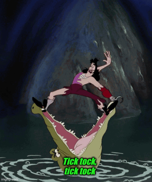 Captain Hook and Tick Tock Croc | Tick tock, tick tock | image tagged in captain hook and tick tock croc | made w/ Imgflip meme maker