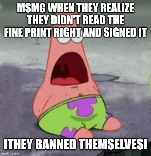 Suprised Patrick | MSMG WHEN THEY REALIZE THEY DIDN'T READ THE FINE PRINT RIGHT AND SIGNED IT; [THEY BANNED THEMSELVES] | image tagged in suprised patrick | made w/ Imgflip meme maker