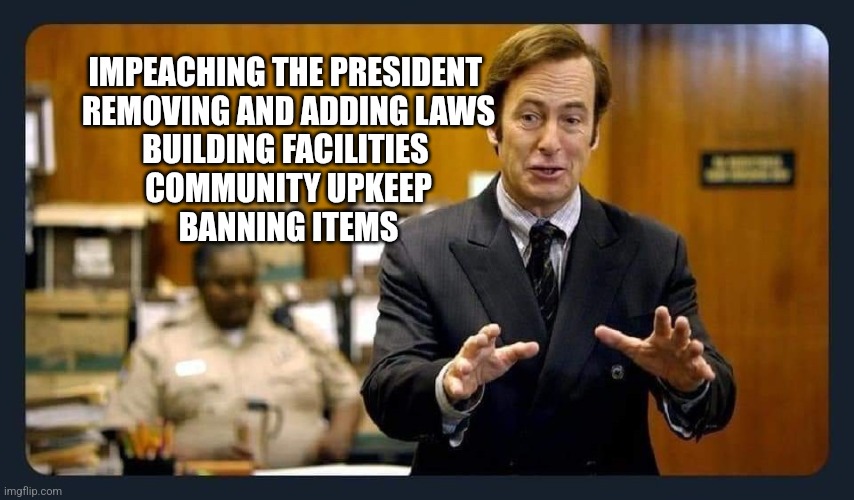 Your honour | IMPEACHING THE PRESIDENT 
REMOVING AND ADDING LAWS
BUILDING FACILITIES 
COMMUNITY UPKEEP
BANNING ITEMS | image tagged in your honour | made w/ Imgflip meme maker