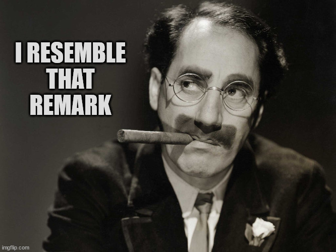 Thoughtful Groucho | I RESEMBLE
THAT
REMARK | image tagged in thoughtful groucho | made w/ Imgflip meme maker