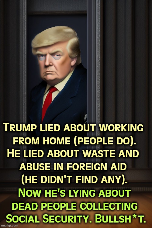 Trump lied about working 
from home (people do).
He lied about waste and 
abuse in foreign aid 
(he didn't find any). Now he's lying about 
dead people collecting 
Social Security. Bullsh*t. | image tagged in trump,elon musk,lies,usaid,work from home,social security | made w/ Imgflip meme maker