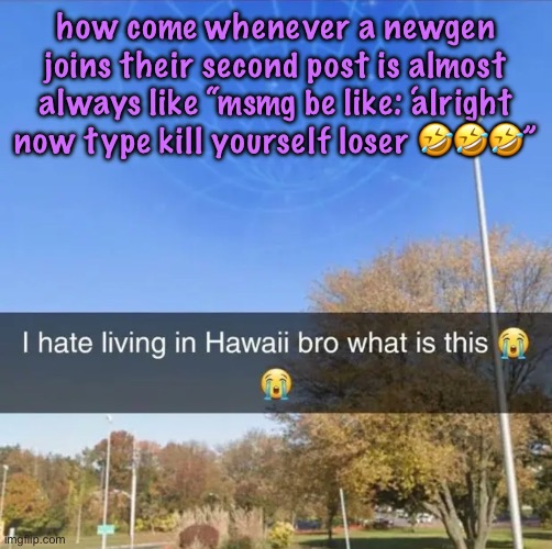 modbot if you ban me for this you suck penis | how come whenever a newgen joins their second post is almost always like “msmg be like: ‘alright now type kill yourself loser 🤣🤣🤣” | image tagged in i hate living in hawaii bro what is this | made w/ Imgflip meme maker