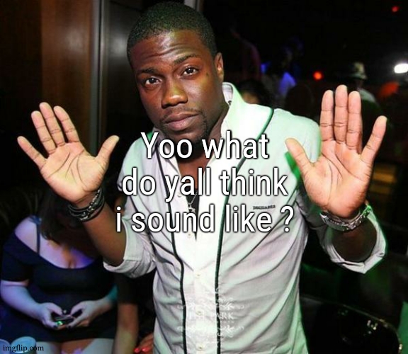 just wondering | Yoo what do yall think i sound like ? | image tagged in kevin hart hands up | made w/ Imgflip meme maker