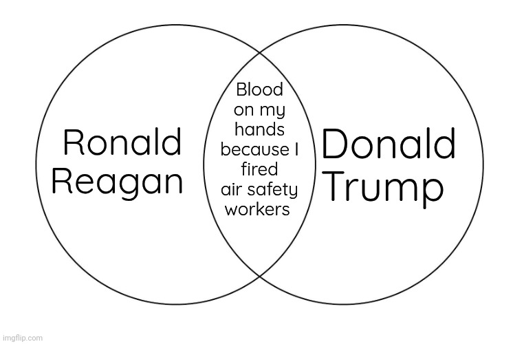 Presidential misconduct | Blood on my hands because I fired air safety workers; Donald Trump; Ronald Reagan | image tagged in venn,consequences,plane crash,republicans,because capitalism | made w/ Imgflip meme maker