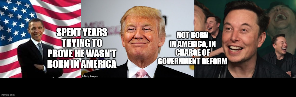 How Ironic | NOT BORN IN AMERICA, IN CHARGE OF GOVERNMENT REFORM; SPENT YEARS TRYING TO PROVE HE WASN'T BORN IN AMERICA | image tagged in memes,obama,donald trump approves,elon musk laughing | made w/ Imgflip meme maker