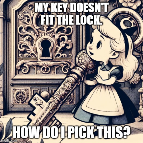 Alice at the door to wonderland, a.k.a. Rule #2 | MY KEY DOESN'T FIT THE LOCK. HOW DO I PICK THIS? | image tagged in alice,wonderland,lockpicking,lockpick,lock,door | made w/ Imgflip meme maker
