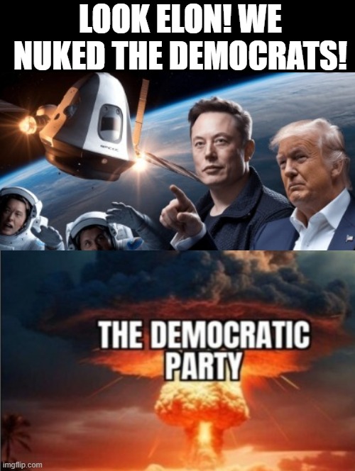 We nuked the Democrats!! | LOOK ELON! WE NUKED THE DEMOCRATS! | image tagged in nuclear explosion | made w/ Imgflip meme maker