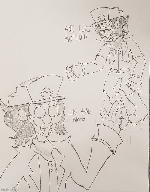 HT: Whenever //CARTRIDGE goes into disguise, he usually splits himself into two beings since he's a mix of both Mario and Luigi | image tagged in d-sides,drawing | made w/ Imgflip meme maker