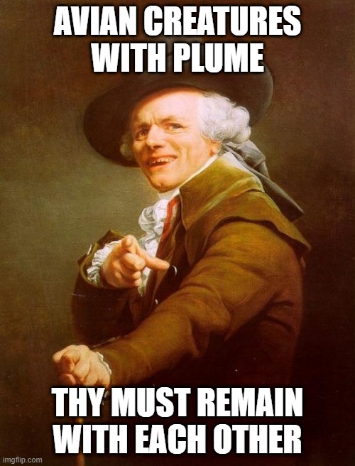 Billie Eilish Sang | AVIAN CREATURES WITH PLUME; THY MUST REMAIN WITH EACH OTHER | image tagged in memes,joseph ducreux | made w/ Imgflip meme maker