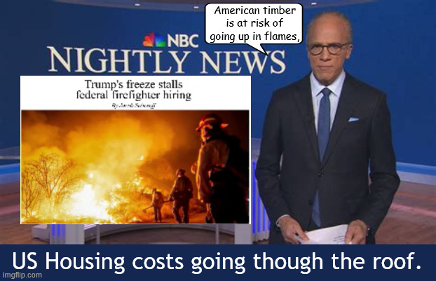 News JournalismNBC World News | American timber is at risk of going up in flames, US Housing costs going though the roof. | image tagged in news journalism,nbc world news,lester holt,trump burns usa,funding cuts,antichrist | made w/ Imgflip meme maker