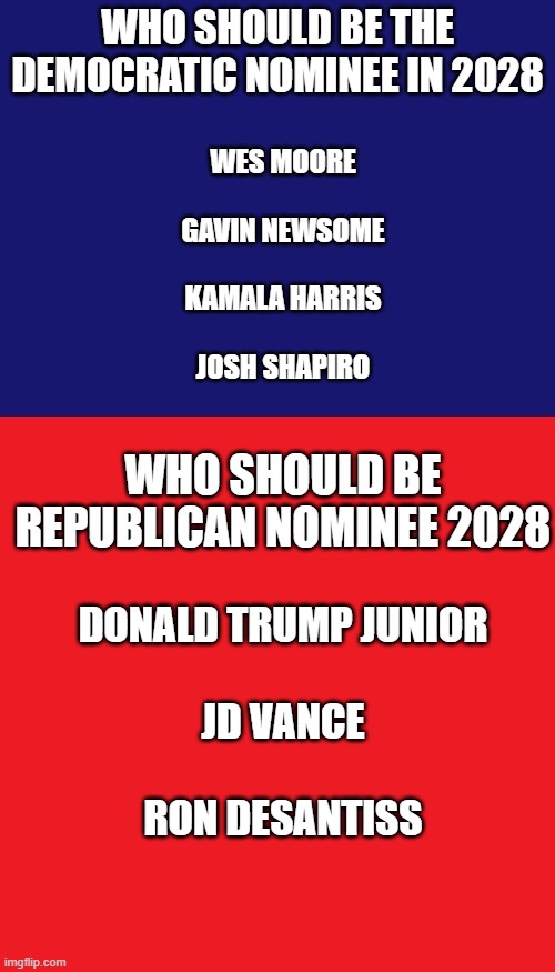 Argue about it in the comments | WHO SHOULD BE THE DEMOCRATIC NOMINEE IN 2028; WES MOORE
 
GAVIN NEWSOME
 
KAMALA HARRIS
 
JOSH SHAPIRO; WHO SHOULD BE REPUBLICAN NOMINEE 2028; DONALD TRUMP JUNIOR
 
JD VANCE
 
RON DESANTISS | made w/ Imgflip meme maker