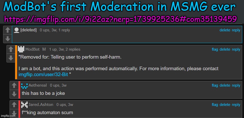 ModBot's first Moderation in MSMG ever; https://imgflip.com/i/9i22az?nerp=1739925236#com35139459 | made w/ Imgflip meme maker