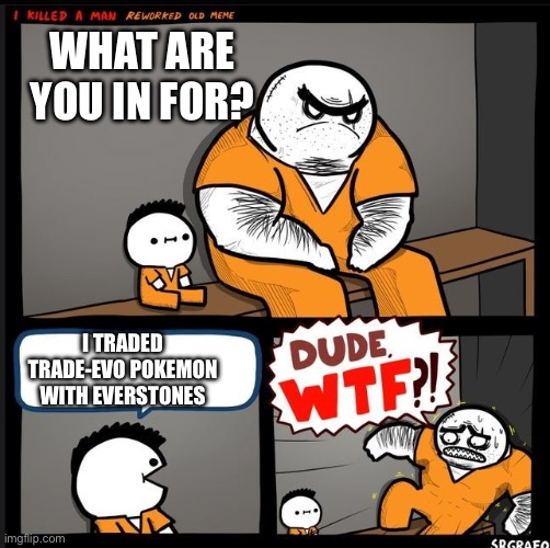 Yet another pokemon meme | WHAT ARE YOU IN FOR? I TRADED TRADE-EVO POKEMON WITH EVERSTONES | image tagged in srgrafo dude wtf | made w/ Imgflip meme maker