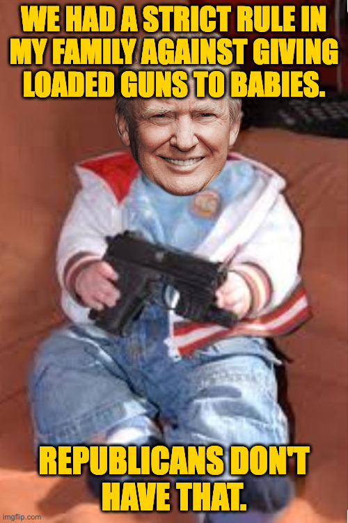 We just assumed it was common sense. | WE HAD A STRICT RULE IN
MY FAMILY AGAINST GIVING
LOADED GUNS TO BABIES. REPUBLICANS DON'T
HAVE THAT. | image tagged in memes,trump | made w/ Imgflip meme maker