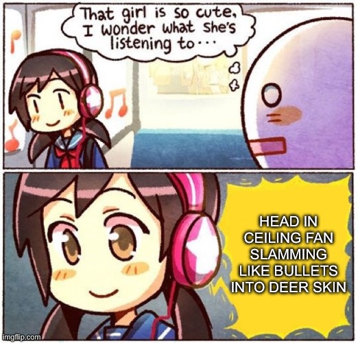 I wonder what she's listening to | HEAD IN
CEILING FAN
SLAMMING LIKE BULLETS
INTO DEER SKIN | image tagged in i wonder what she's listening to | made w/ Imgflip meme maker