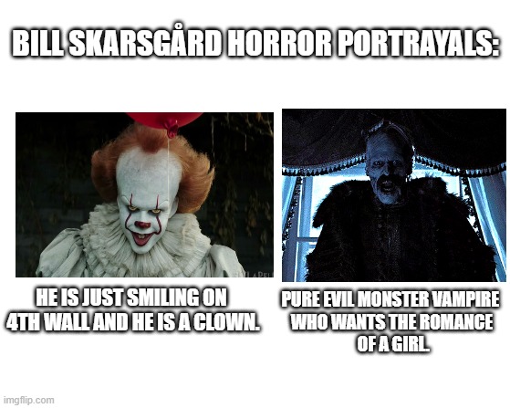 bill skarsgård portrayal | BILL SKARSGÅRD HORROR PORTRAYALS:; HE IS JUST SMILING ON 
4TH WALL AND HE IS A CLOWN. PURE EVIL MONSTER VAMPIRE 
WHO WANTS THE ROMANCE
 OF A GIRL. | image tagged in horror movie,scary,4th wall,acting,scared,funny memes | made w/ Imgflip meme maker