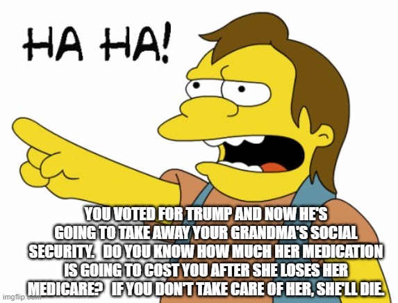 HA HA | YOU VOTED FOR TRUMP AND NOW HE'S GOING TO TAKE AWAY YOUR GRANDMA'S SOCIAL SECURITY.   DO YOU KNOW HOW MUCH HER MEDICATION IS GOING TO COST YOU AFTER SHE LOSES HER MEDICARE?   IF YOU DON'T TAKE CARE OF HER, SHE'LL DIE. | image tagged in ha ha | made w/ Imgflip meme maker