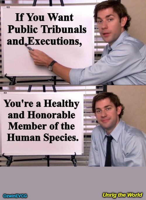 Unrig the World | If You Want 

  Public Tribunals 

and Executions, You're a Healthy 

and Honorable 

Member of the 

Human Species. Unrig the World; OzwinEVCG | image tagged in jim halpert explains,government corruption,politicians suck,globalism,world occupied,fair trials and fluffy pillows | made w/ Imgflip meme maker