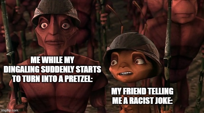 sw78iplbosuawraygnwc08eugh | ME WHILE MY DINGALING SUDDENLY STARTS TO TURN INTO A PRETZEL:; MY FRIEND TELLING ME A RACIST JOKE: | image tagged in army antz,bro explaining,racist,joke,oof,lol so funny | made w/ Imgflip meme maker
