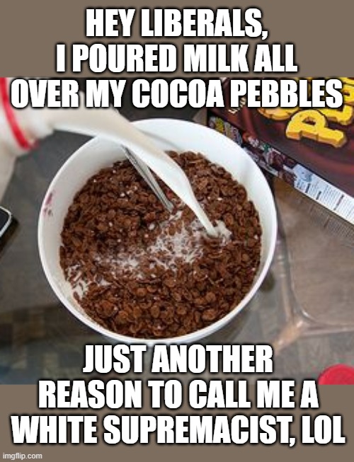 its pretty much gotten this bad  lol | HEY LIBERALS, I POURED MILK ALL OVER MY COCOA PEBBLES; JUST ANOTHER REASON TO CALL ME A WHITE SUPREMACIST, LOL | image tagged in funny memes,political humor,truth,donald trump approves,stupid liberals | made w/ Imgflip meme maker