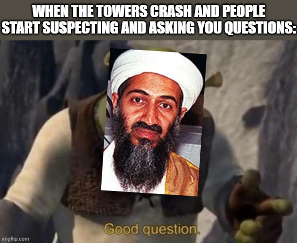 ztesxydrcugfvbiyin;omp;sjhgdbysnivr8ofioeew | WHEN THE TOWERS CRASH AND PEOPLE START SUSPECTING AND ASKING YOU QUESTIONS: | image tagged in shrek good question,911,oof,osama bin laden,fuuuuuuu,nsfw | made w/ Imgflip meme maker