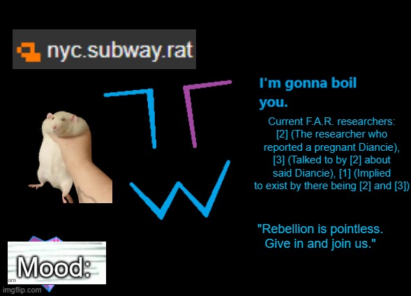 F.A.R stuff.mp3 | Current F.A.R. researchers: [2] (The researcher who reported a pregnant Diancie), [3] (Talked to by [2] about said Diancie), [1] (Implied to exist by there being [2] and [3]) | image tagged in nyc subway rat announcement | made w/ Imgflip meme maker