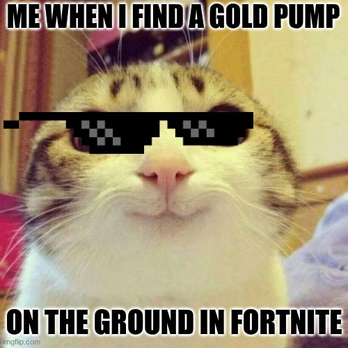 Smiling Cat | ME WHEN I FIND A GOLD PUMP; ON THE GROUND IN FORTNITE | image tagged in memes,smiling cat | made w/ Imgflip meme maker