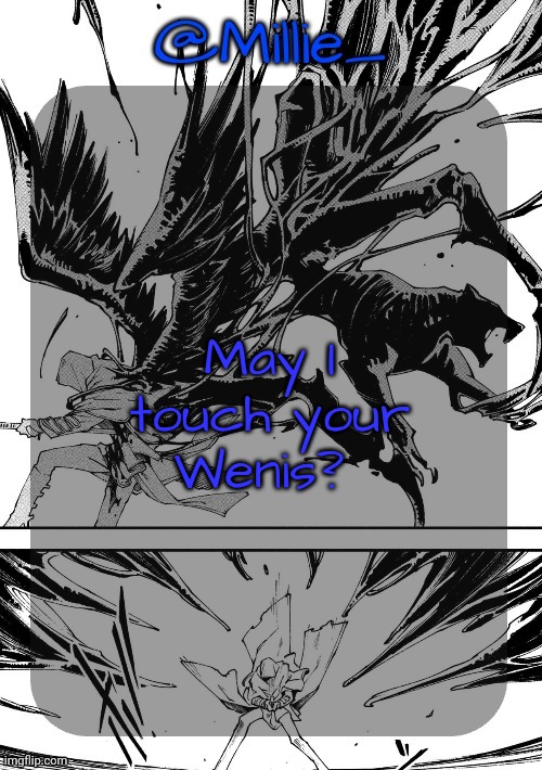 Millie's Vergil Divide's himself DMC announcement template | May I touch your Wenis? | image tagged in millie's vergil divide's himself dmc announcement template | made w/ Imgflip meme maker