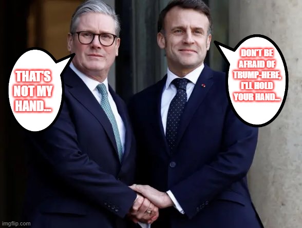 IT Reference | THAT'S NOT MY HAND... DON'T BE AFRAID OF TRUMP-HERE, I'LL HOLD YOUR HAND... | image tagged in holding hands,macron,miers | made w/ Imgflip meme maker