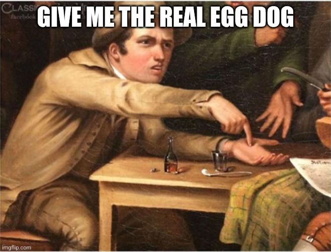 Pay up | GIVE ME THE REAL EGG DOG | image tagged in pay up | made w/ Imgflip meme maker