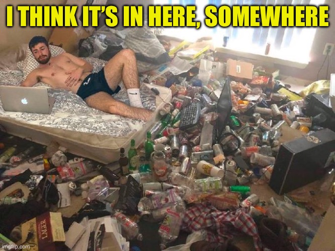 Guy in messy room surrounded by trash | I THINK IT’S IN HERE, SOMEWHERE | image tagged in guy in messy room surrounded by trash | made w/ Imgflip meme maker