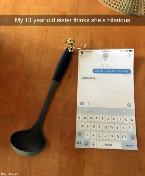 she is hilarious ? | image tagged in spoon,funny,birthday,sister,presents | made w/ Imgflip meme maker