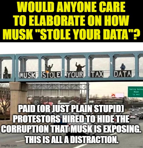 If you cannot back up your claims with facts then making statements like there makes you an idiot. | WOULD ANYONE CARE TO ELABORATE ON HOW MUSK "STOLE YOUR DATA"? PAID (OR JUST PLAIN STUPID) PROTESTORS HIRED TO HIDE THE CORRUPTION THAT MUSK IS EXPOSING. THIS IS ALL A DISTRACTION. | image tagged in idiot protestors,distraction,mal information | made w/ Imgflip meme maker