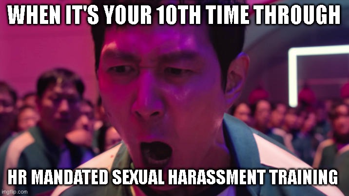 HR please.... | WHEN IT'S YOUR 10TH TIME THROUGH; HR MANDATED SEXUAL HARASSMENT TRAINING | image tagged in ive played these games before | made w/ Imgflip meme maker