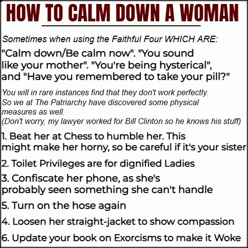 HOW TO CALM DOWN A WOMAN; Sometimes when using the Faithful Four WHICH ARE:; "Calm down/Be calm now". "You sound like your mother". "You're being hysterical", and "Have you remembered to take your pill?"; You will in rare instances find that they don't work perfectly. 
So we at The Patriarchy have discovered some physical 
measures as well. 
(Don't worry, my lawyer worked for Bill Clinton so he knows his stuff); 1. Beat her at Chess to humble her. This might make her horny, so be careful if it's your sister; 2. Toilet Privileges are for dignified Ladies; 3. Confiscate her phone, as she's probably seen something she can't handle; 5. Turn on the hose again; 4. Loosen her straight-jacket to show compassion; 6. Update your book on Exorcisms to make it Woke | image tagged in dark humor,funny,women,patriarchy,nsfw | made w/ Imgflip meme maker