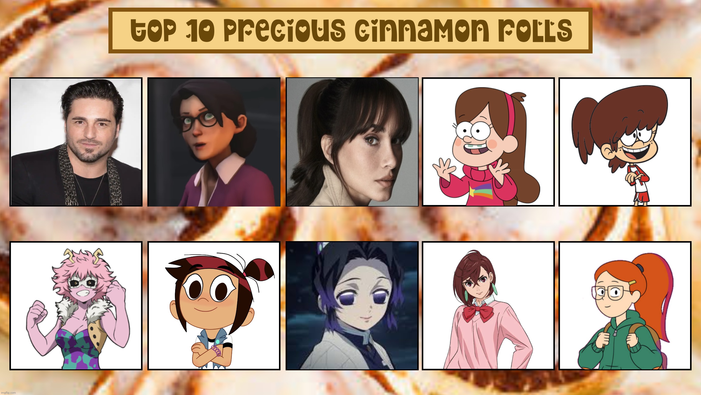 MAH Top 10 Cinnamon Rolls (devious meme template) PART 3!!!!!! | image tagged in bustamante,mabel pines,aitana,mina ashido,memes,cinnamon rolls | made w/ Imgflip meme maker