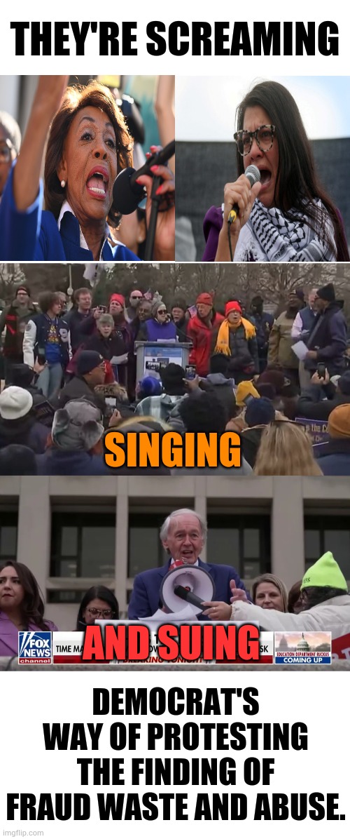 Democrat's Way Of Protesting The Finding Of Fraud Waste And Abuse | THEY'RE SCREAMING; SINGING; DEMOCRAT'S WAY OF PROTESTING THE FINDING OF FRAUD WASTE AND ABUSE. AND SUING | image tagged in memes,politics,crying democrats,protest,doge,find | made w/ Imgflip meme maker