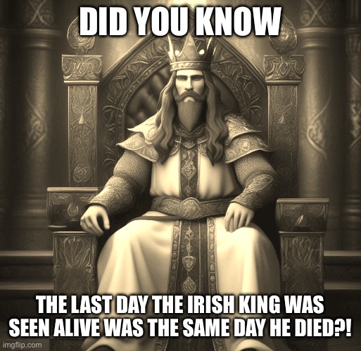 DID YOU KNOW; THE LAST DAY THE IRISH KING WAS SEEN ALIVE WAS THE SAME DAY HE DIED?! | image tagged in memes,dead pan humour,kings | made w/ Imgflip meme maker