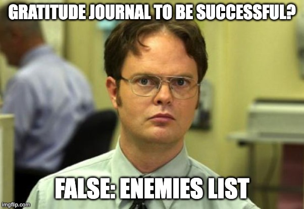 Gratitude journal is overrated | GRATITUDE JOURNAL TO BE SUCCESSFUL? FALSE: ENEMIES LIST | image tagged in memes,dwight schrute | made w/ Imgflip meme maker